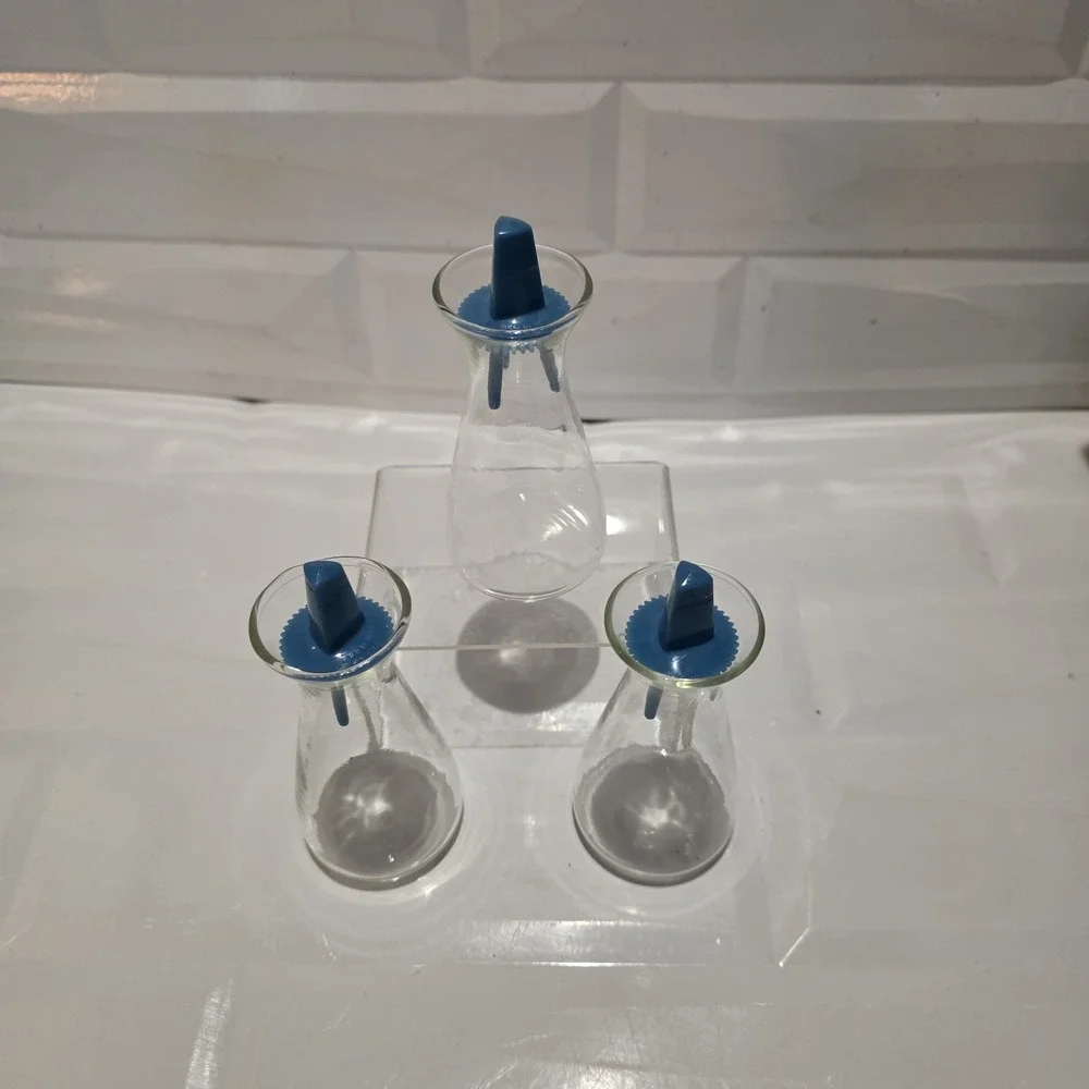 3-Pyrex Corelle MCM Clear Salt & Pepper Shakers 1970's Glass Vintage Blue Tops